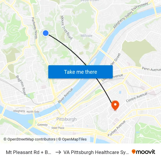 Mt Pleasant Rd + Beech to VA Pittsburgh Healthcare System map