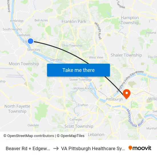 Beaver Rd + Edgeworth to VA Pittsburgh Healthcare System map