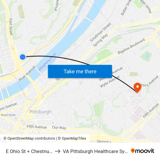 E Ohio St + Chestnut FS to VA Pittsburgh Healthcare System map