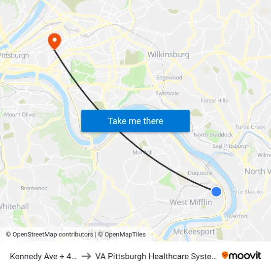 Kennedy Ave + 4th to VA Pittsburgh Healthcare System map