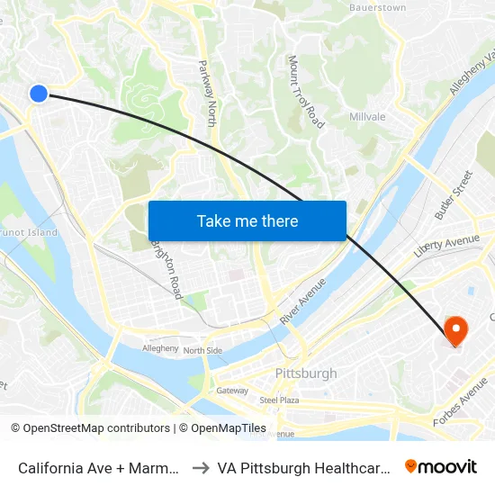 California Ave + Marmaduke St to VA Pittsburgh Healthcare System map