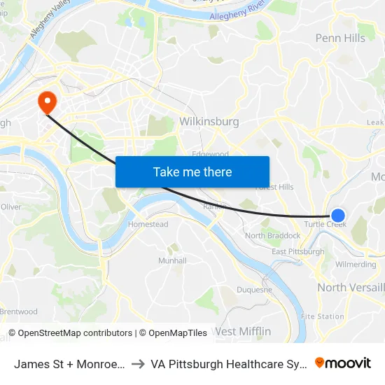 James St + Monroeville to VA Pittsburgh Healthcare System map