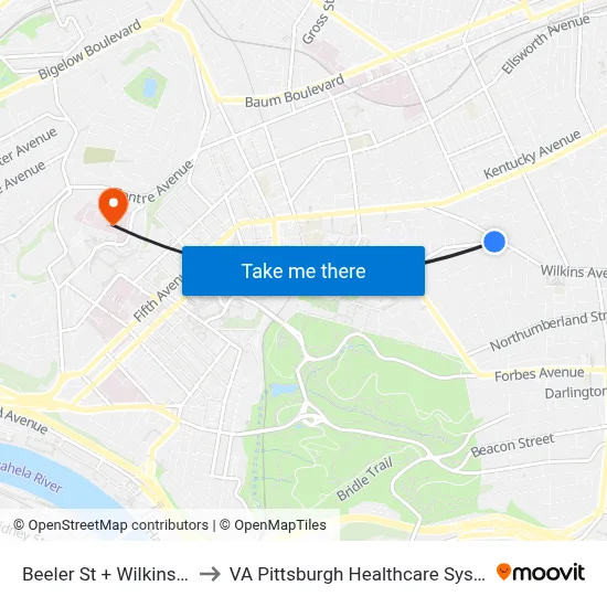 Beeler St + Wilkins FS to VA Pittsburgh Healthcare System map