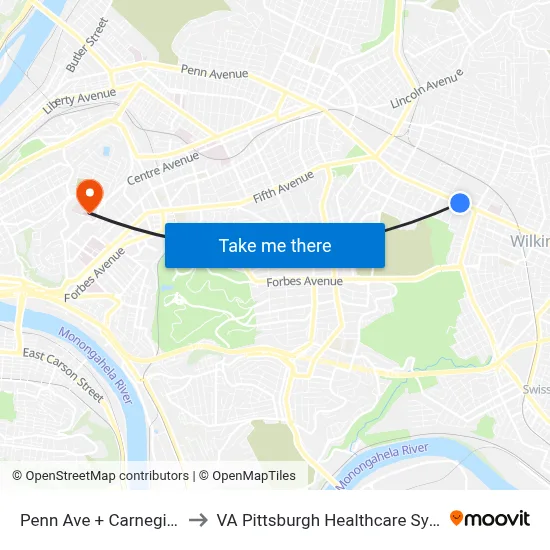 Penn Ave + Carnegie FS to VA Pittsburgh Healthcare System map