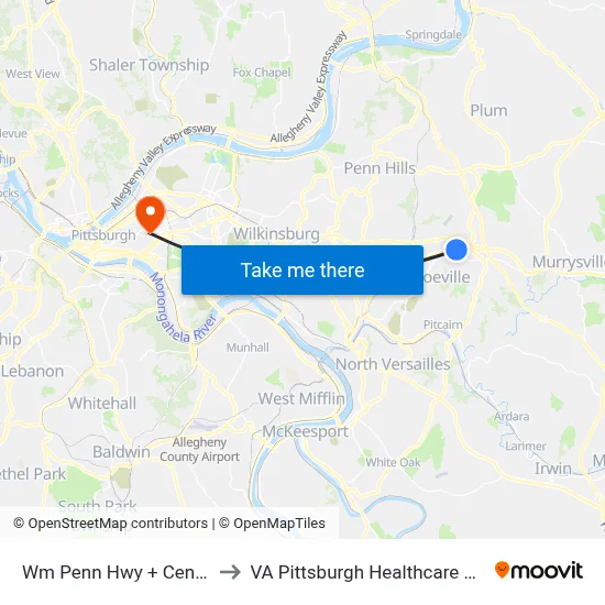Wm Penn Hwy + Center FS to VA Pittsburgh Healthcare System map
