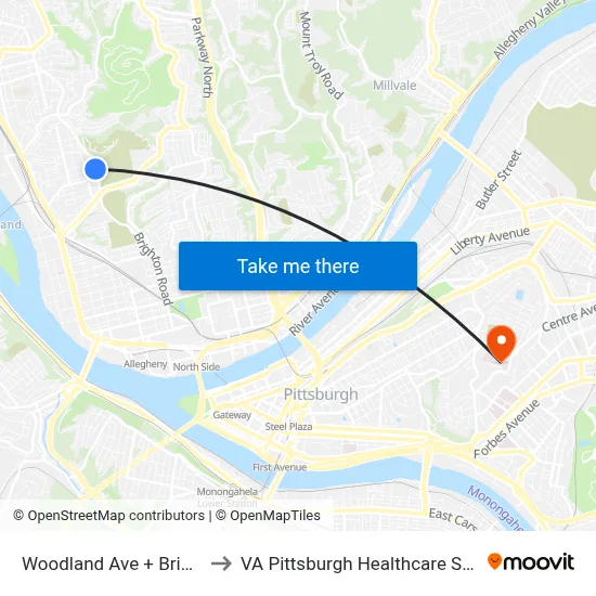 Woodland Ave + Brighton to VA Pittsburgh Healthcare System map