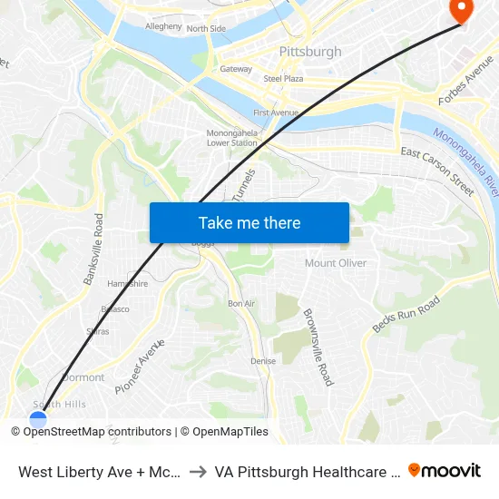 West Liberty Ave + Mcfarland to VA Pittsburgh Healthcare System map