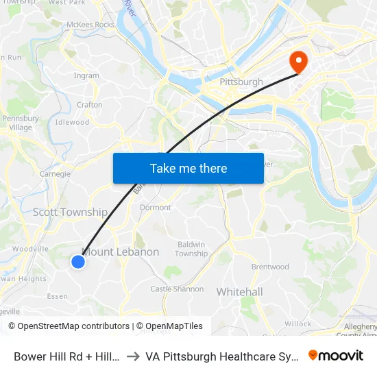 Bower Hill Rd + Hillaire to VA Pittsburgh Healthcare System map