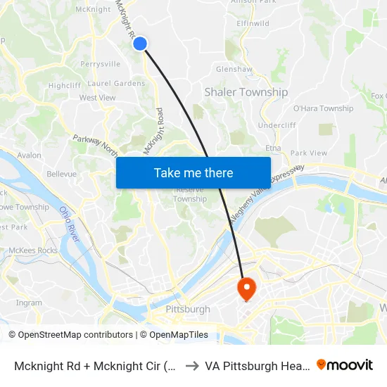 Mcknight Rd + Mcknight Cir (Opp Ross Park Mall Dr) to VA Pittsburgh Healthcare System map