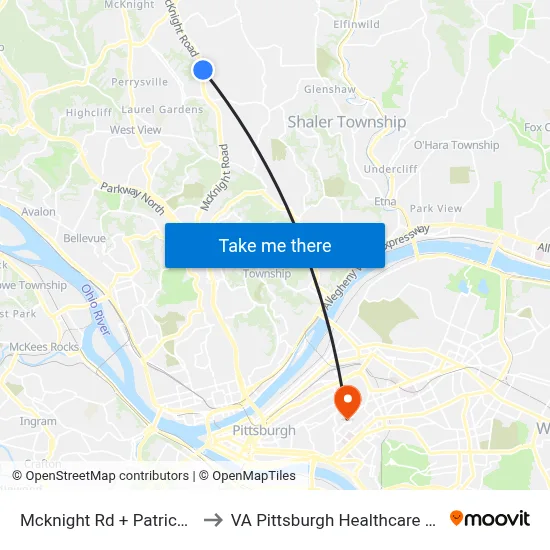 Mcknight Rd + Patrick Pl FS to VA Pittsburgh Healthcare System map