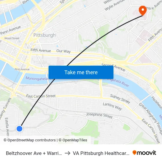 Beltzhoover Ave + Warrington Ns to VA Pittsburgh Healthcare System map
