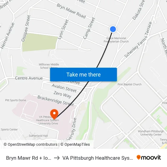 Bryn Mawr Rd + Iowa to VA Pittsburgh Healthcare System map