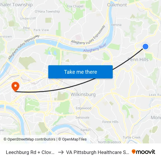 Leechburg Rd + Cloverleaf to VA Pittsburgh Healthcare System map