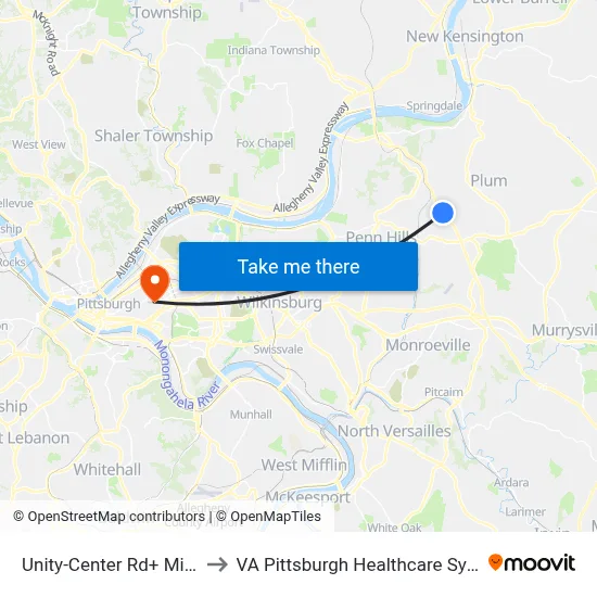 Unity-Center Rd+ Millers to VA Pittsburgh Healthcare System map