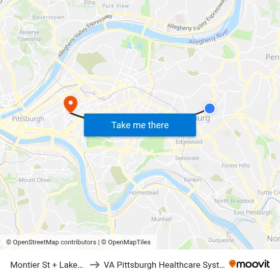 Montier St + Laketon to VA Pittsburgh Healthcare System map
