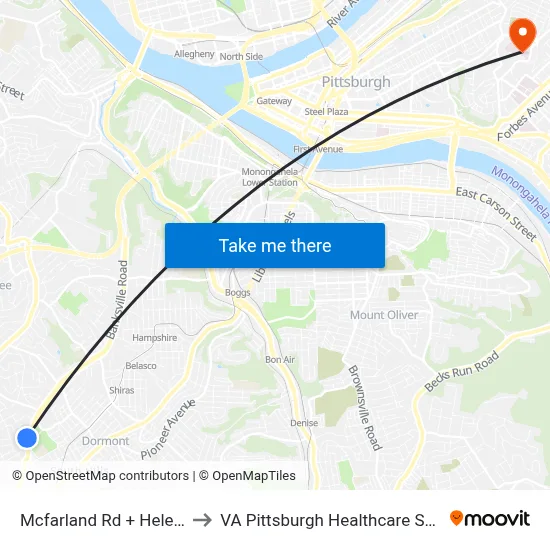 Mcfarland Rd + Helen FS to VA Pittsburgh Healthcare System map