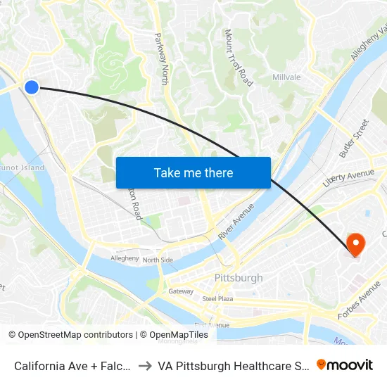 California Ave + Falck Ave to VA Pittsburgh Healthcare System map