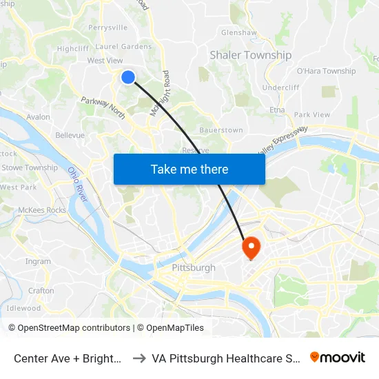 Center Ave + Brightwood to VA Pittsburgh Healthcare System map