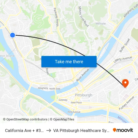 California Ave + #3228 to VA Pittsburgh Healthcare System map