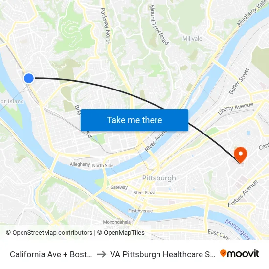 California Ave + Boston St to VA Pittsburgh Healthcare System map