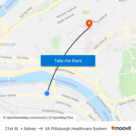21st St. + Sidney to VA Pittsburgh Healthcare System map