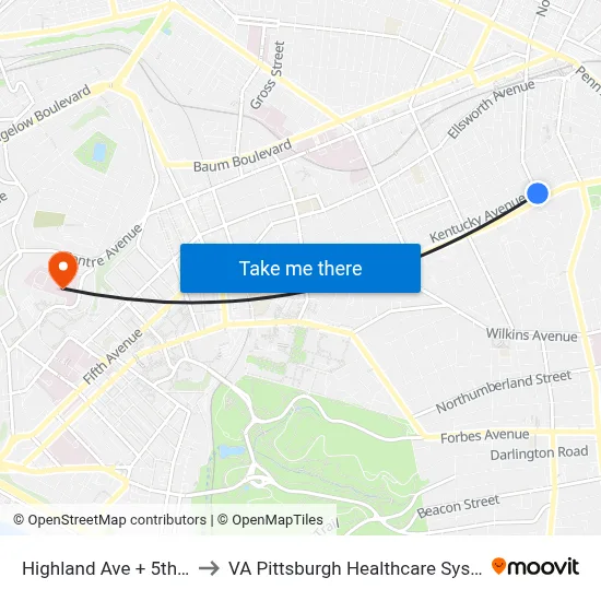 Highland Ave + 5th FS to VA Pittsburgh Healthcare System map