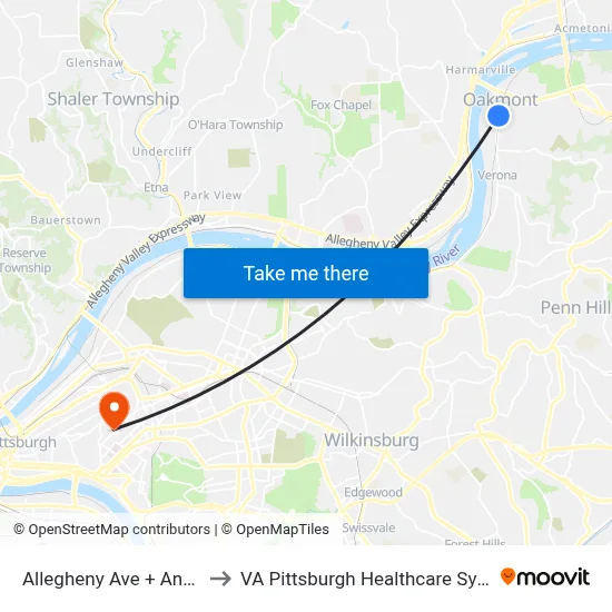 Allegheny Ave + Ann Ns to VA Pittsburgh Healthcare System map