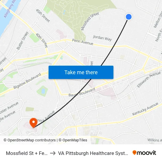 Mossfield St + Fern to VA Pittsburgh Healthcare System map