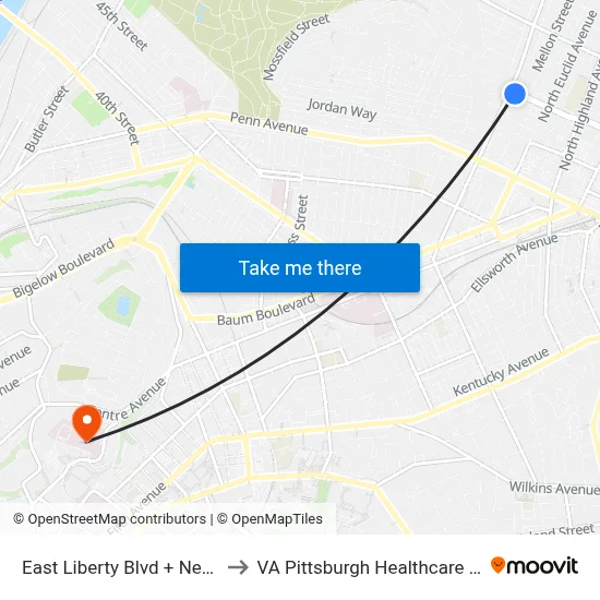 East Liberty Blvd + Negley FS to VA Pittsburgh Healthcare System map