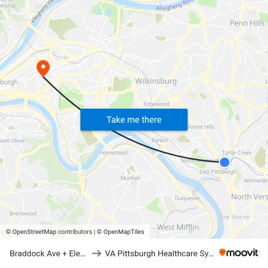 Braddock Ave + Electric to VA Pittsburgh Healthcare System map