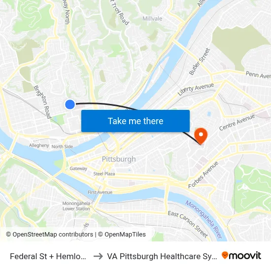 Federal St + Hemlock St to VA Pittsburgh Healthcare System map