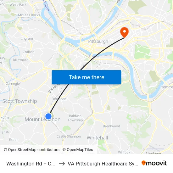Washington Rd + Cedar to VA Pittsburgh Healthcare System map