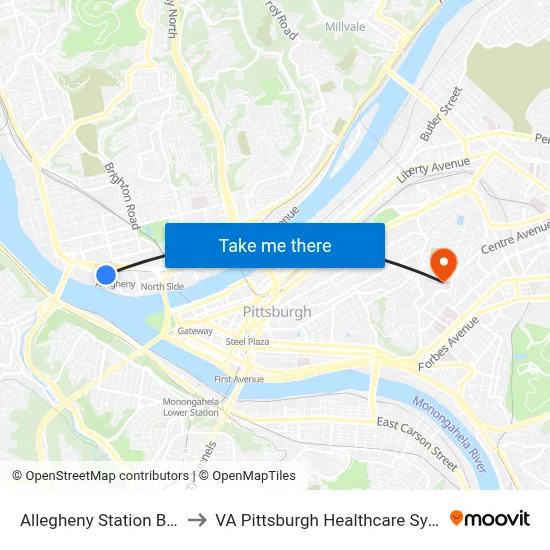 Allegheny Station Bay 2 to VA Pittsburgh Healthcare System map