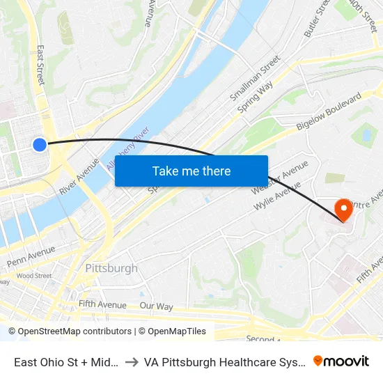 East Ohio St + Middle to VA Pittsburgh Healthcare System map