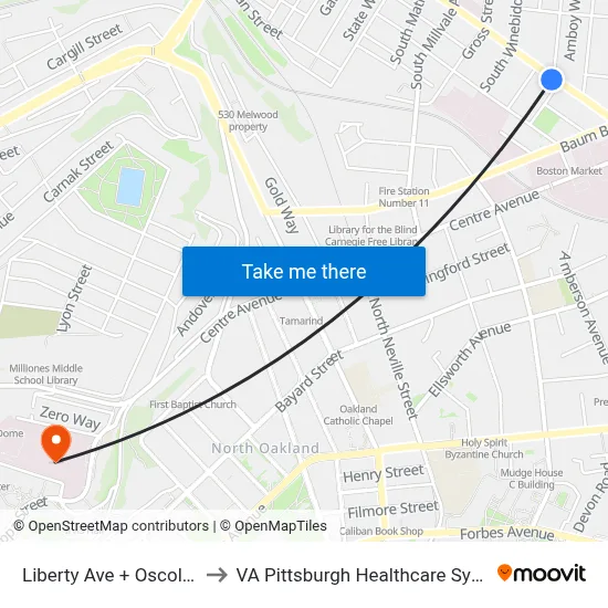 Liberty Ave + Oscola St to VA Pittsburgh Healthcare System map