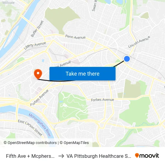 Fifth Ave + Mcpherson St to VA Pittsburgh Healthcare System map