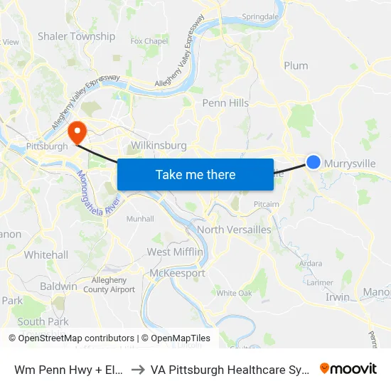 Wm Penn Hwy + Elliott to VA Pittsburgh Healthcare System map