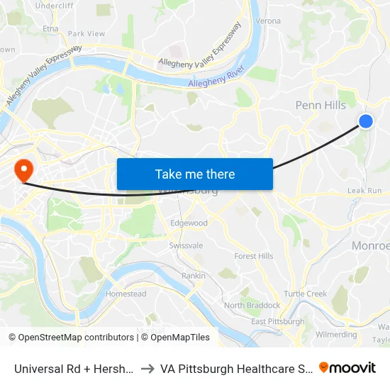 Universal Rd + Hershey Rd to VA Pittsburgh Healthcare System map