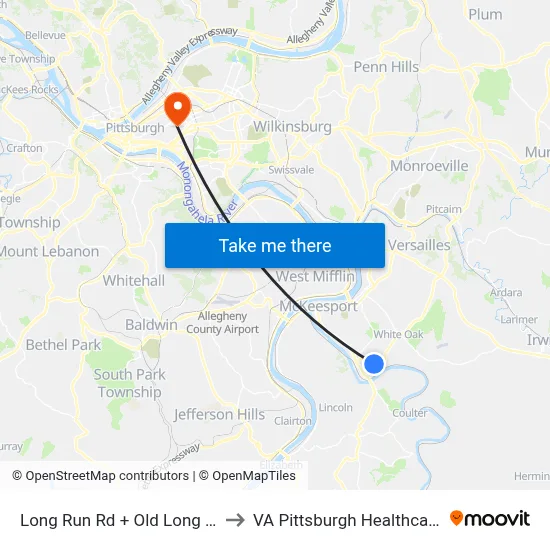 Long Run Rd + Old Long Run Rd FS to VA Pittsburgh Healthcare System map