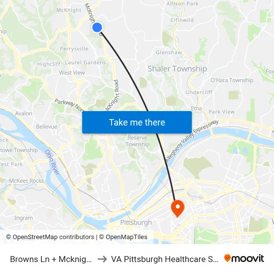Browns Ln + Mcknight Rd to VA Pittsburgh Healthcare System map