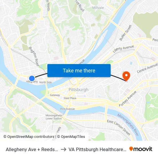 Allegheny Ave + Reedsdale FS to VA Pittsburgh Healthcare System map