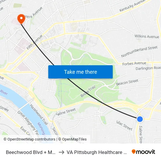 Beechwood Blvd + Monitor to VA Pittsburgh Healthcare System map