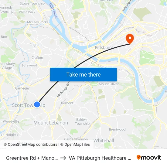 Greentree Rd + Manorview to VA Pittsburgh Healthcare System map