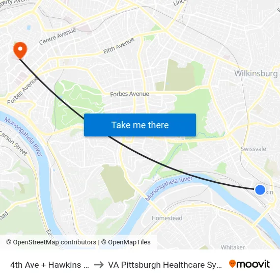 4th Ave + Hawkins Ave to VA Pittsburgh Healthcare System map