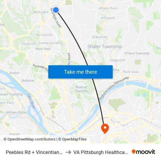 Peebles Rd + Vincentian Drvwy FS to VA Pittsburgh Healthcare System map