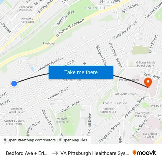 Bedford Ave + Erin St to VA Pittsburgh Healthcare System map