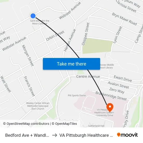 Bedford Ave + Wandless St to VA Pittsburgh Healthcare System map
