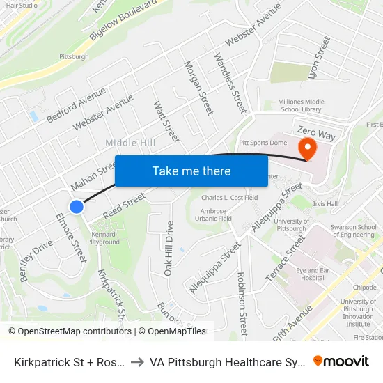 Kirkpatrick St + Rose St to VA Pittsburgh Healthcare System map