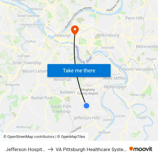 Jefferson Hospital to VA Pittsburgh Healthcare System map