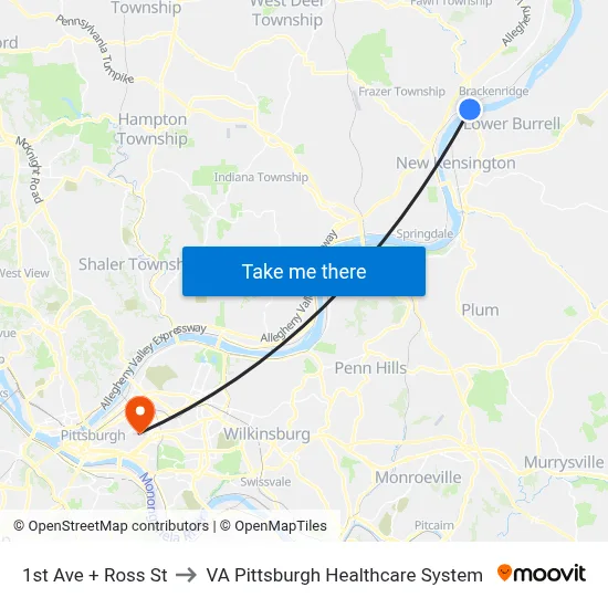 1st Ave + Ross St to VA Pittsburgh Healthcare System map